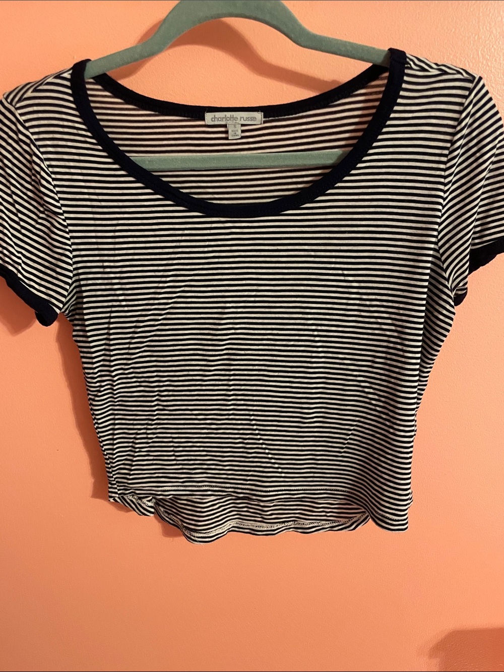 Charlotte Russe Navy Trim Black & White Striped Crop Top